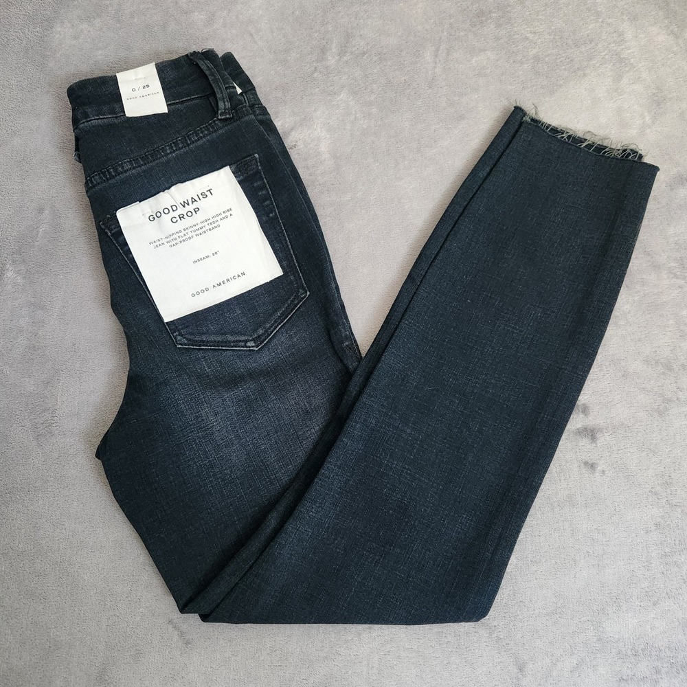 New Good American Good Waist Crop Jeans Skinny High Rise Raw Hem Blue 0/25 25 0